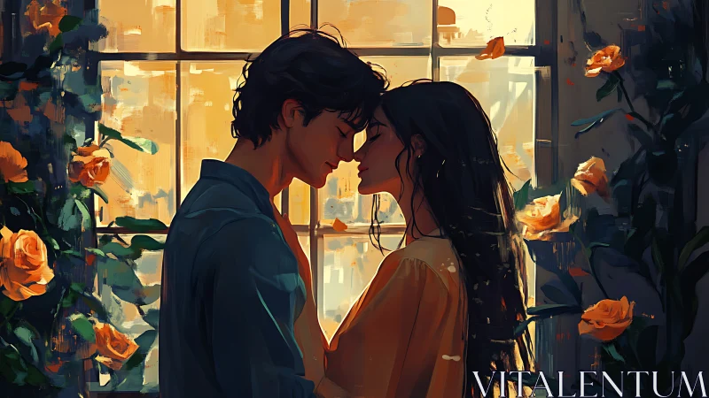 Two figures share an intimate moment beside glowing window with golden roses.
