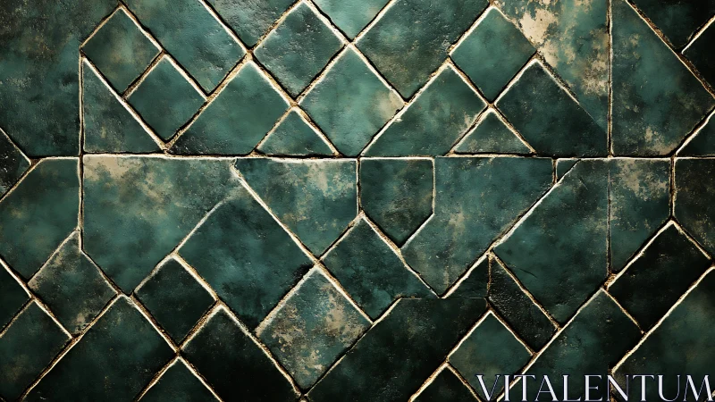 Weathered teal tiles forming a cozy geometric mosaic wall.