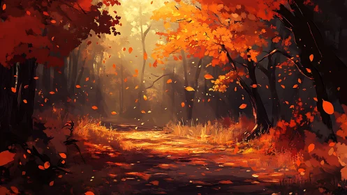 Woodland Ablaze: Where Autumn's Fire Dances Through Misty Paths