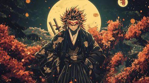 Lone samurai under full moon amid blazing autumn grove.