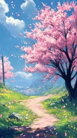Gentle spring path wanders beneath blooming pink cherry trees