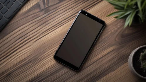 Black smartphone displayed on wooden desk with workspace elements
