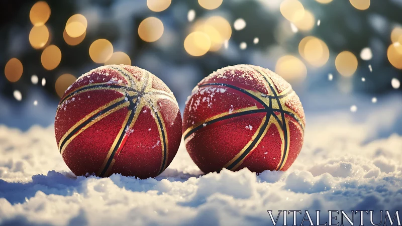Snow-dusted red basketball ornaments with festive bokeh glow.