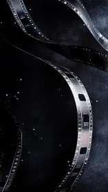 Curved silver motion picture filmstrips on dark cosmic field