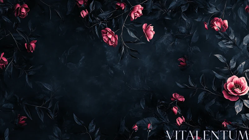 Nocturnal Floral Composition with Coral Roses Against Obsidian Foliage.