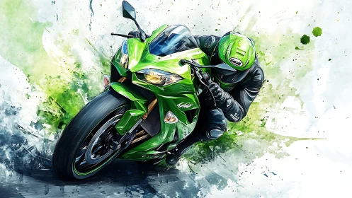 Green superbike leans into a curve with explosive painted speed