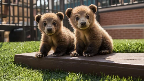 Twin bear cubs sit alert on sunlit grass in a zoo yard.