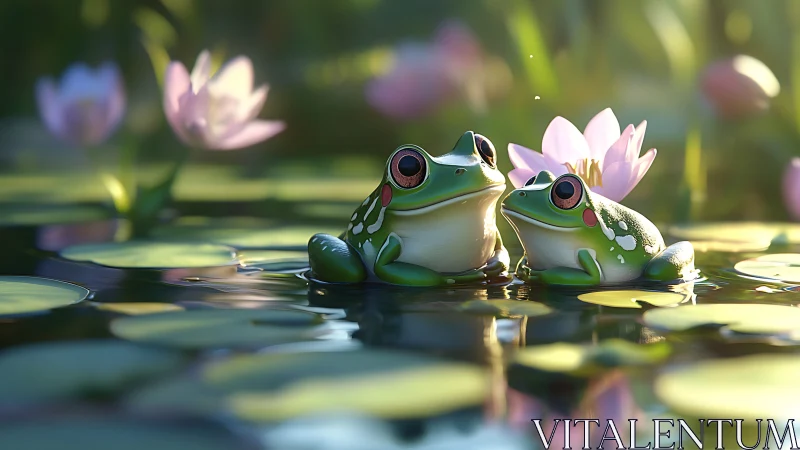 Two stylized green frogs on lily pads in soft pond light.