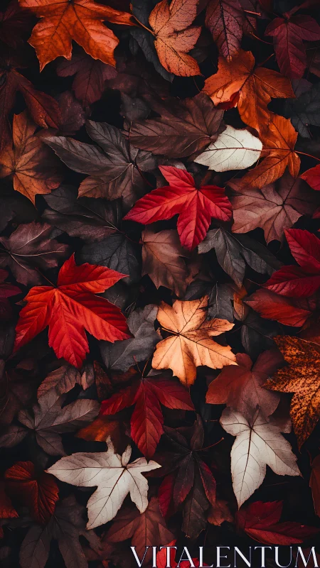 Overlapping autumn maple leaves in mixed muted colors.