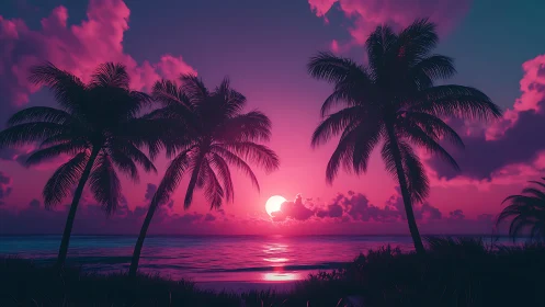 Neon magenta sunset silhouettes tropical palm trees in profile