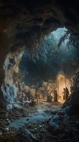 Star-lit nativity cavern glows with sacred winter stillness