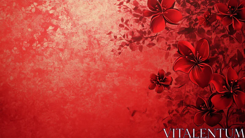 Crimson Floral Composition with Gradient Texturing and Botanical Silhouettes