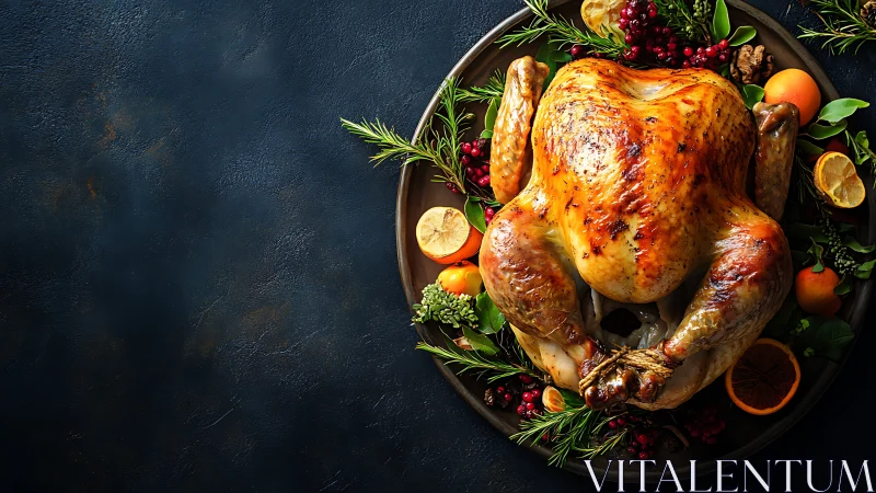 Golden roasted chicken plated with citrus, berries and herbs.