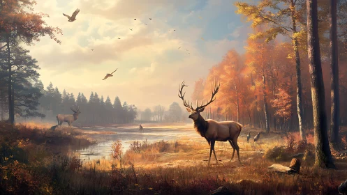 Majestic stag standing in quiet autumn forest clearing.