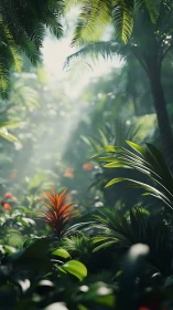 Tropical Forest Clearing with Red Bromeliad Plant.