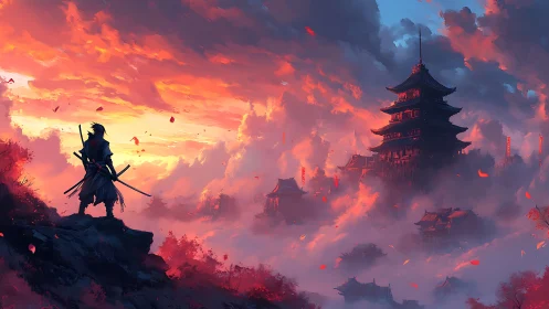 Lone samurai overlooks misty pagoda city at sunset.