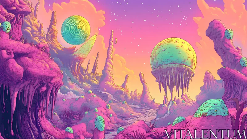 Surreal alien canyon under floating luminous spheres at dusk