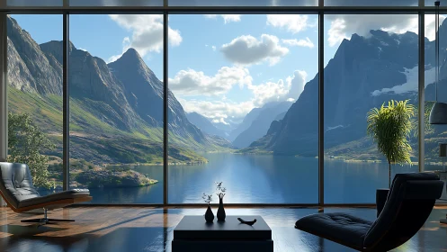 Panoramic glass-walled lounge overlooks high-contrast fjord valley