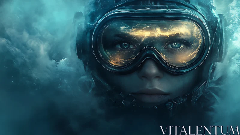 Subaquatic pilot portrait with luminescent visor reflections.
