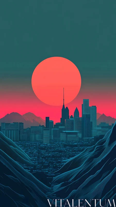 Neon dusk city skyline framed by stylized cyan mountains.