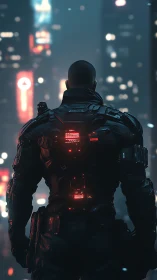 Cybernetic enforcer surveils neon megacity with tactical optics.