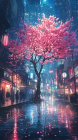Neon city street holds luminous cherry blossom centerpiece.