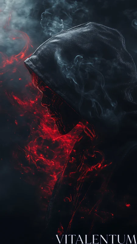 Hooded figure in dark smoke with intense red energy glow.