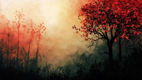 Scarlet tree blazing against a mist-soaked autumn horizon.