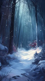 Enchanted Winter Forest Path Through Snowy Trees.