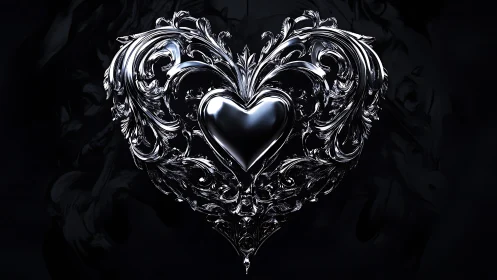 Ornamental Heart with Baroque Filigree Wings Against Dark Field.