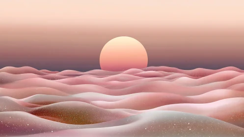 Soft pastel sun rises over luminous pink desert dunes