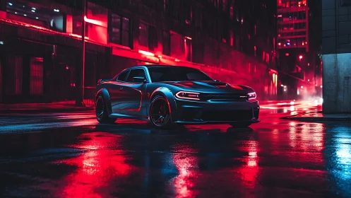 Midnight muscle car glows against neon city rain reflections