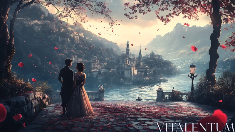 Figures overlooking castle and water landscape with flowering trees.