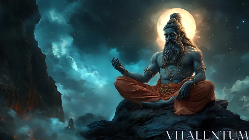 Moonlit blue sage meditates over stormlit mountain abyss.