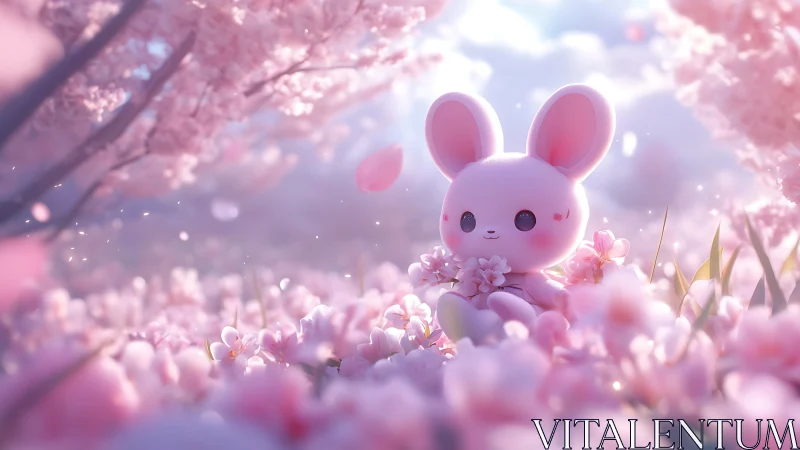 Cute pink bunny toy sitting in dreamy cherry blossoms field.
