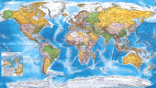Political physical world map with relief shading and borders.