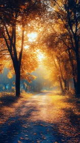 Golden autumn forest path under radiant sunrise glow.