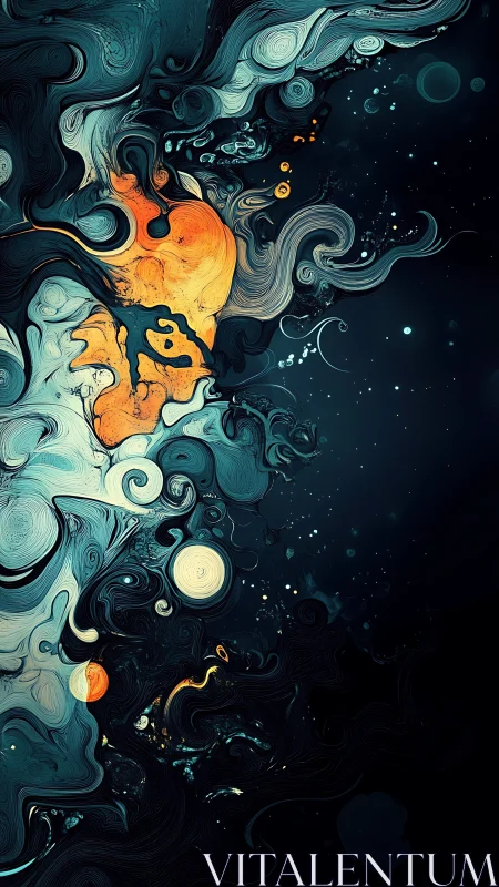 Cosmic ink swirls reveal molten core in deep space void.