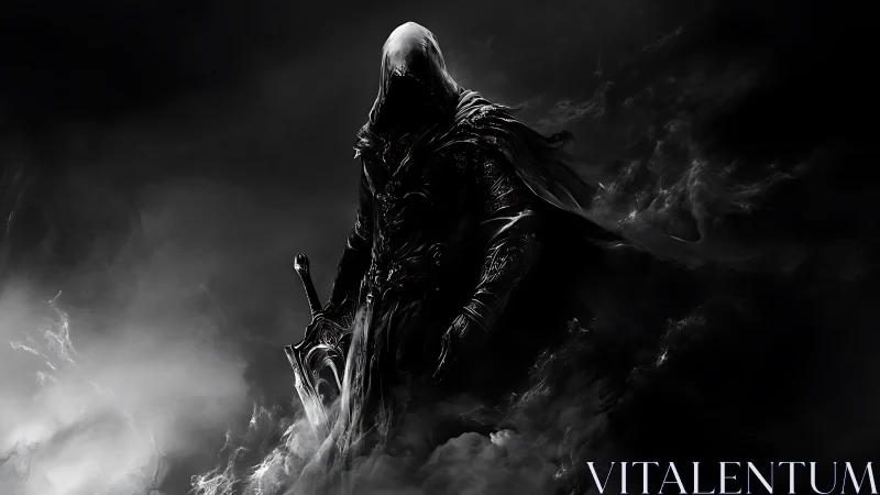 Hooded dark warrior emerges from swirling shadow mist