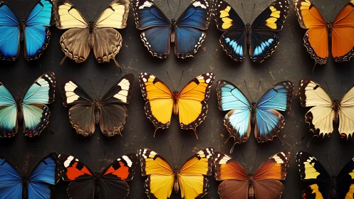 Butterfly specimens align on dark board in vivid symmetry.