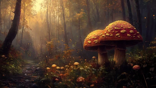 Golden forest glow with storybook mushrooms at dusk.