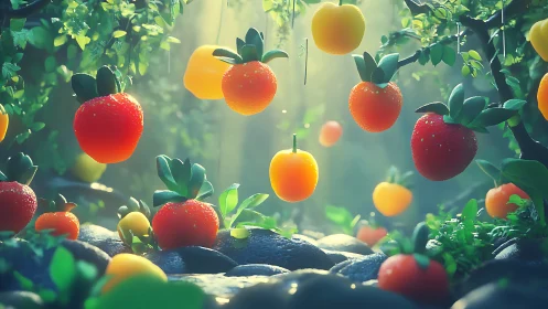 Luminous garden of floating strawberries and citrus orbs.