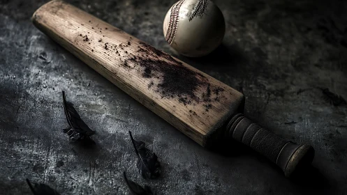 Weathered cricket bat with ball on gritty dark surface.