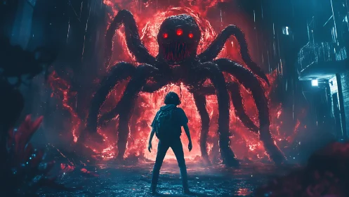 Cyberpunk alley standoff with colossal red void-spider entity.