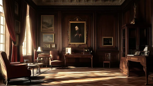 Photorealistic neoclassical study with warm raking daylight.