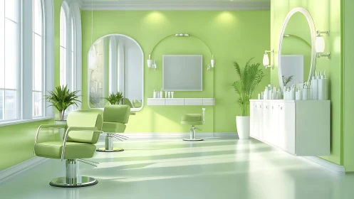 Lime green salon interior with sleek minimal styling chairs.