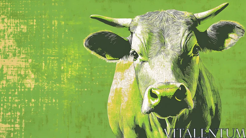 Graphic cow portrait over distressed lime green field.