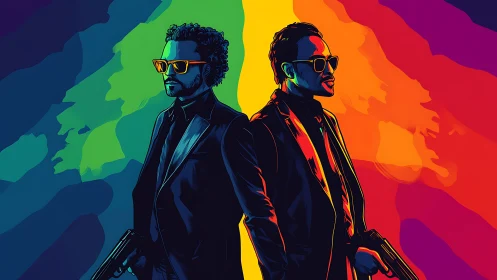 Dual gunmen in neon noir palette stand back to back in profile