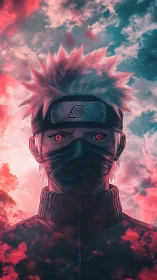 Stormlit masked ninja stands steady under glowing skies