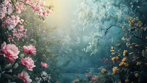 Enchanted Garden Portal Through Luminous Floral Archway.